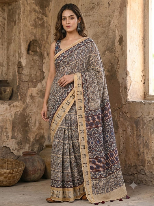 Madurai Cotton Ajrakh saree (Beige)