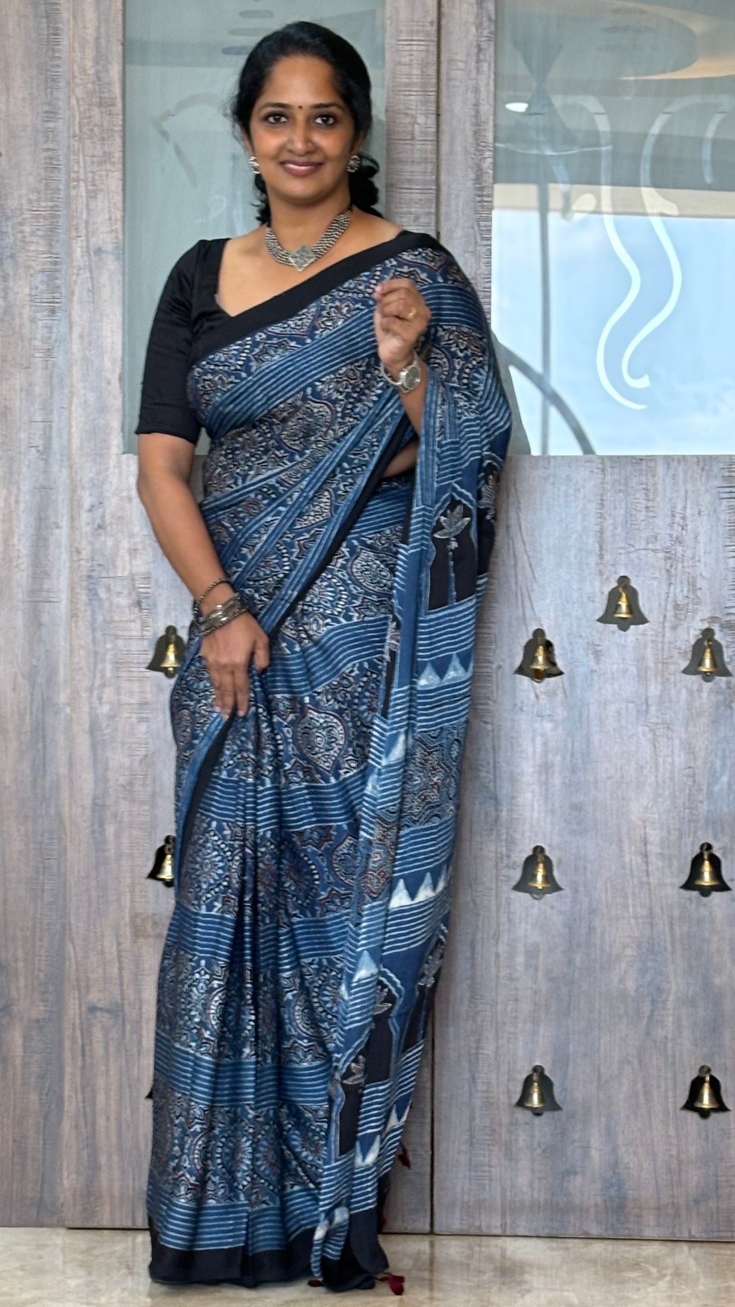 Ajrakh Modal saree (Blue and brick red)