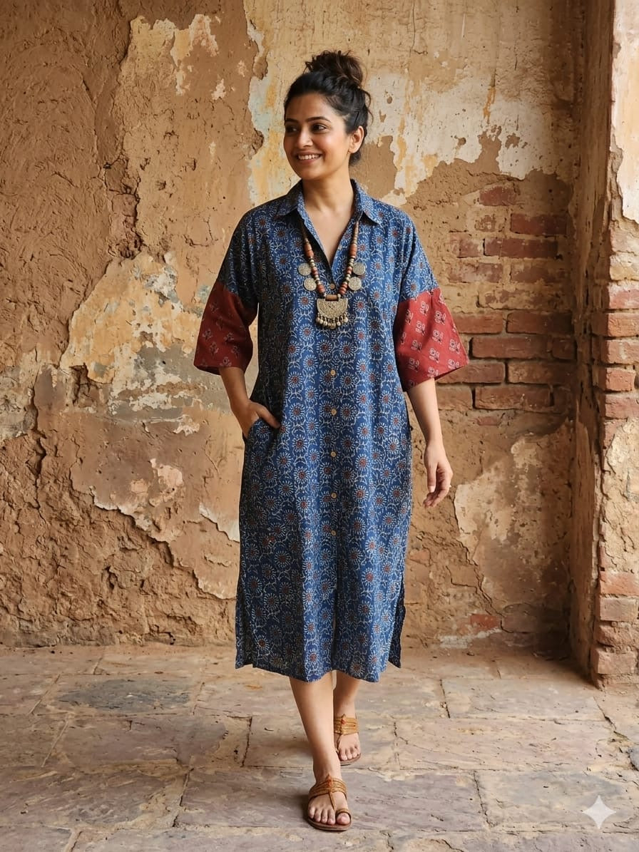 Ajrakh cotton shirt dress