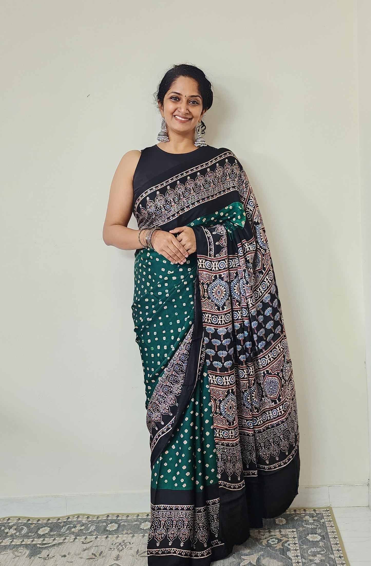 Bandhani Ajrakh saree (Green and black)