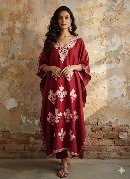 Kashmiri Kaftan with Aari work in crushed modal silk