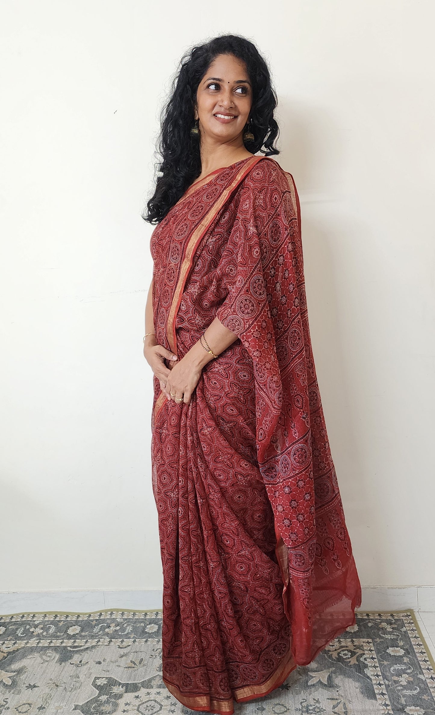 Kota Doria Ajrakh saree (Rusty Red)