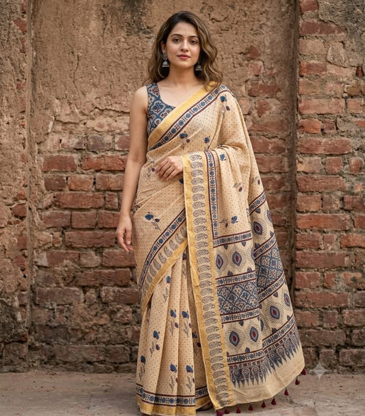 Madurai Cotton Ajrakh saree (Beige)