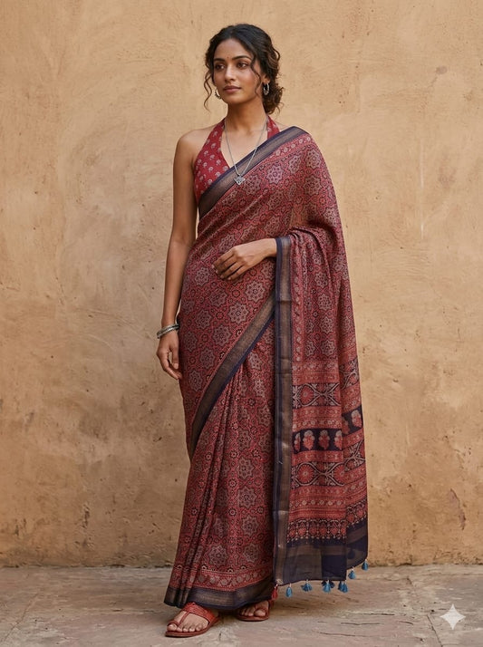 Ajrakh Chanderi silk saree