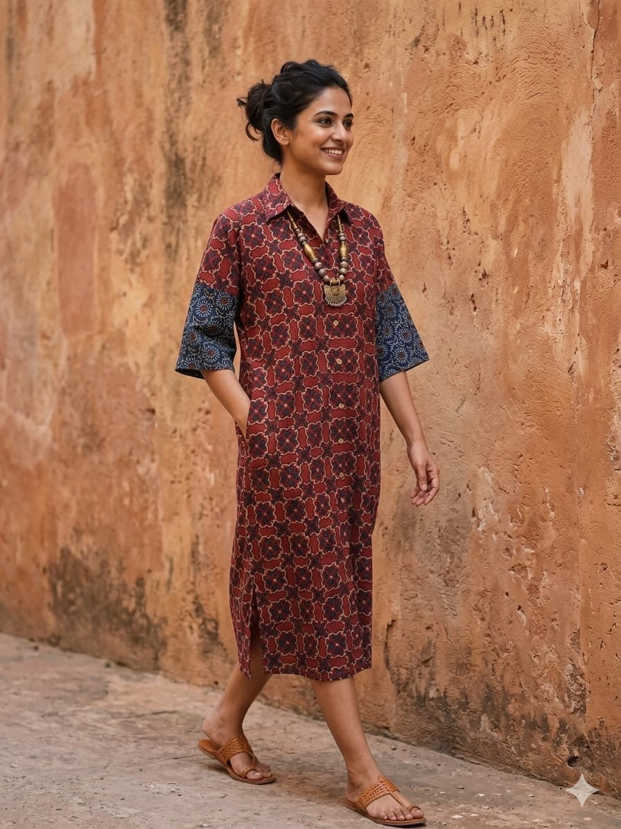 Ajrakh cotton shirt dress