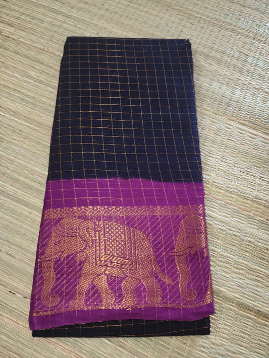 Madurai Sungudi saree (Black checks with magenta border) (without blouse)