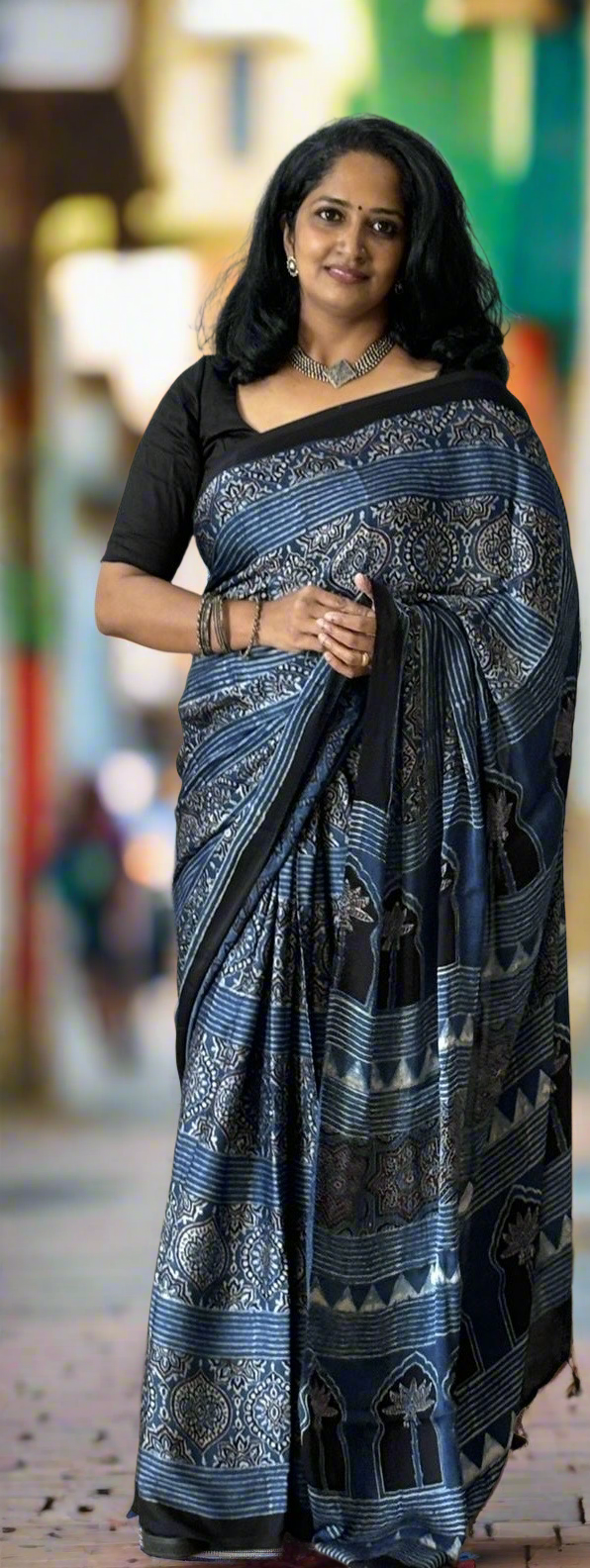 Ajrakh Modal saree (Blue and brick red)