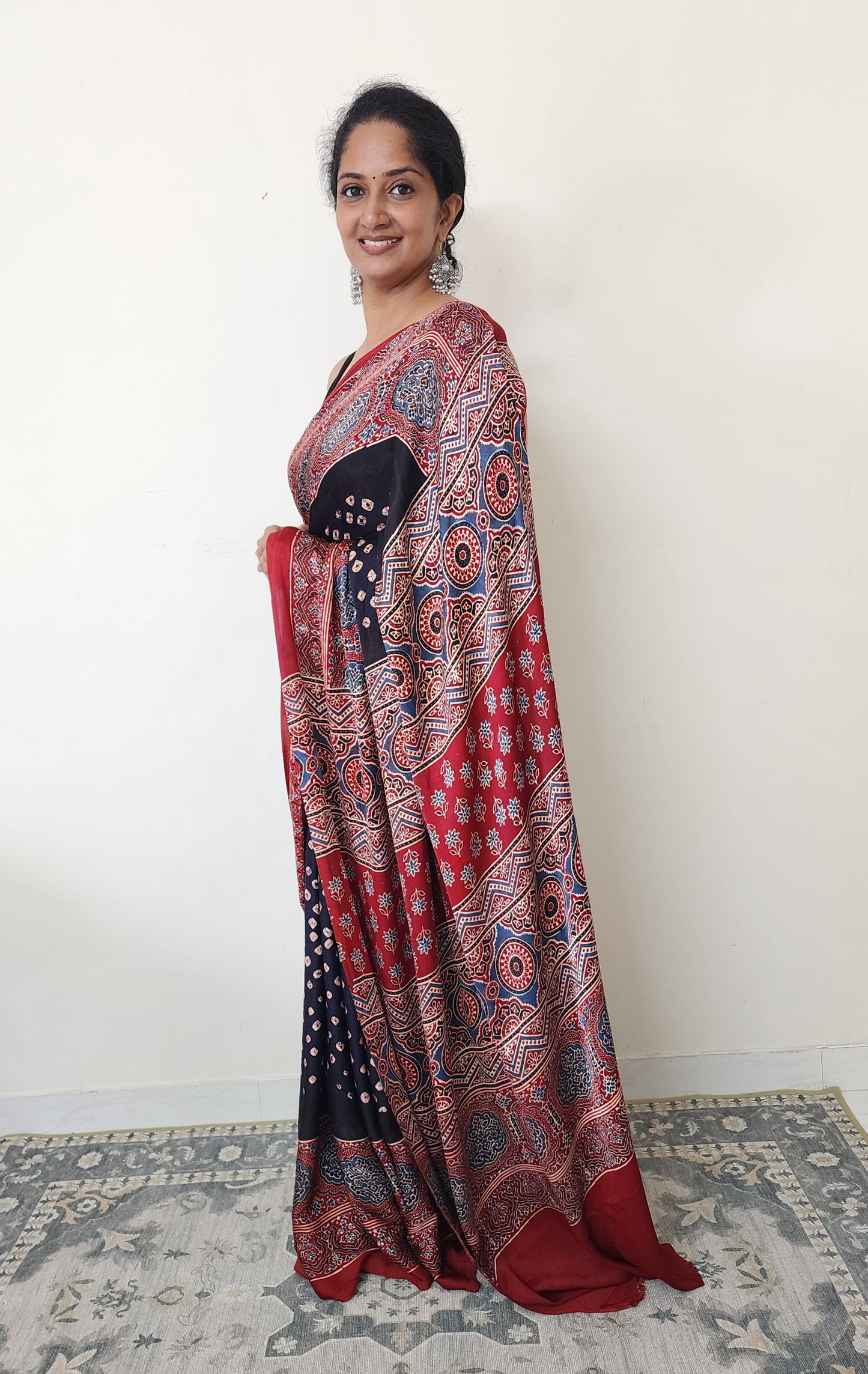 Bandhani Ajrakh saree (Black and red)