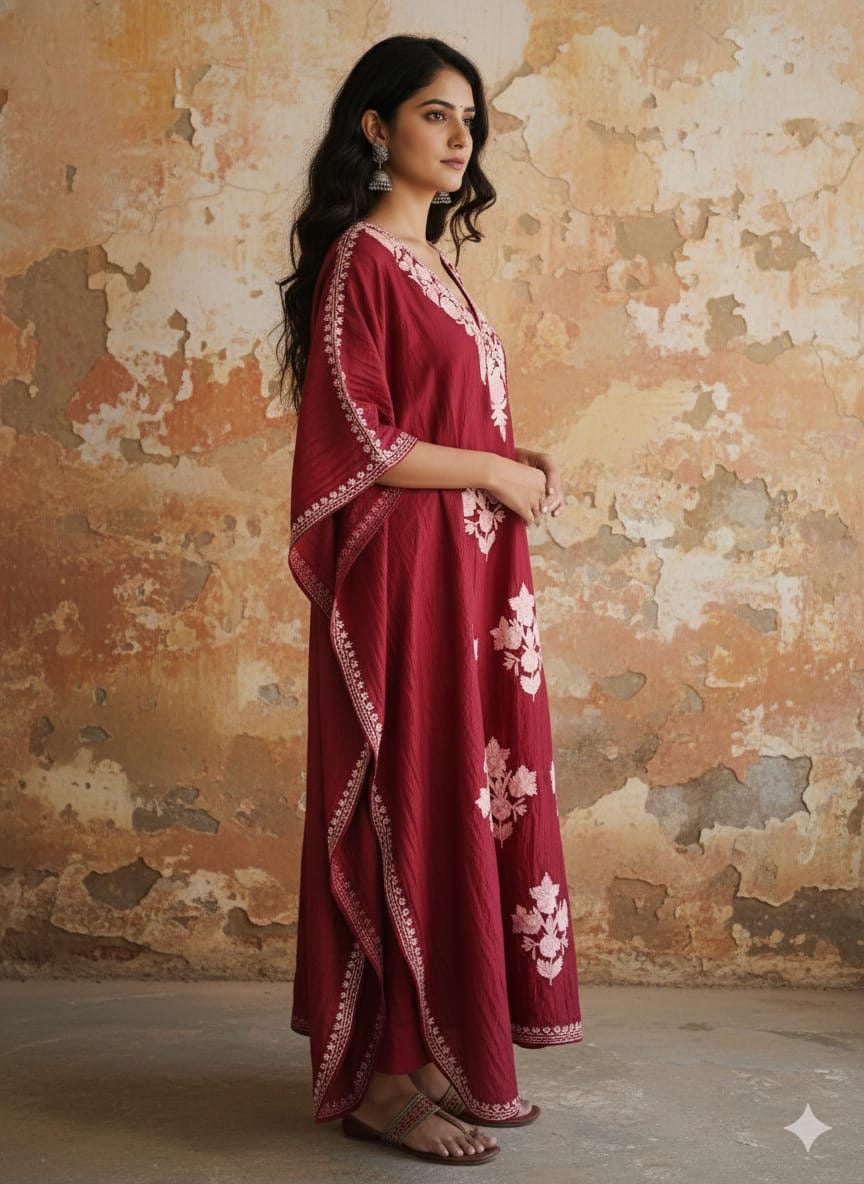 Kashmiri Kaftan with Aari work in crushed modal silk