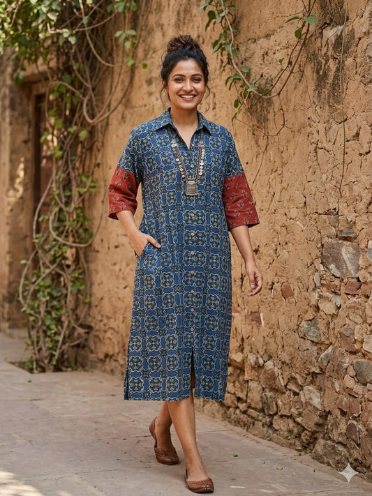Ajrakh cotton shirt dress