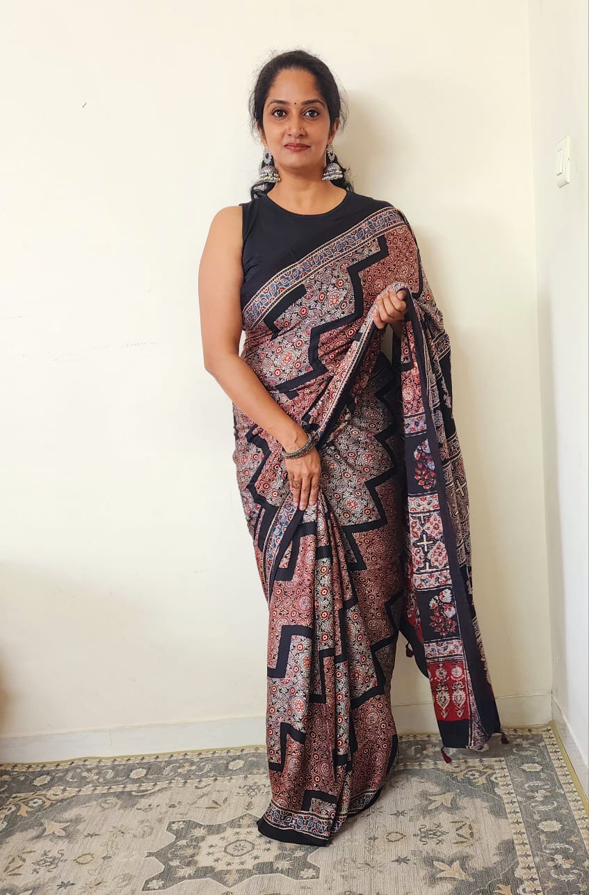 Ajrakh Modal saree (Black)