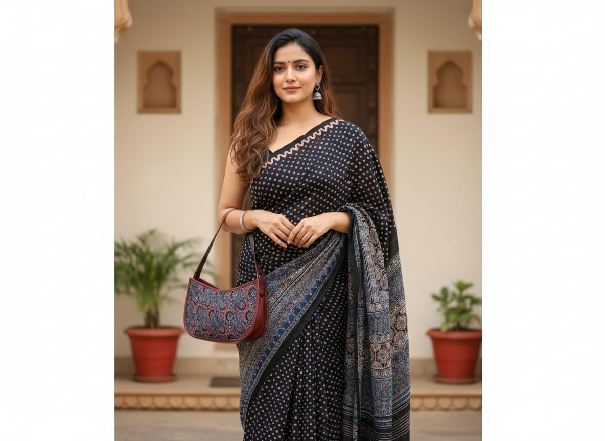 Ajrakh leather sling bag (blue)