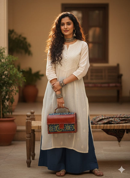 Ajrakh leather sling bag (blue)