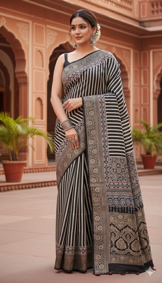 Ajrakh saree in dola silk (black)