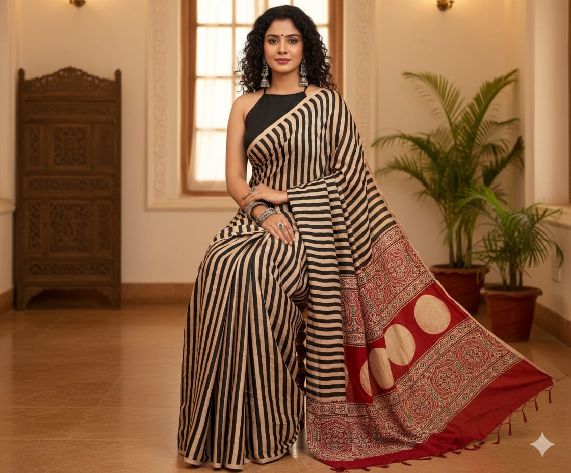 Ajrakh Modal saree (Black)