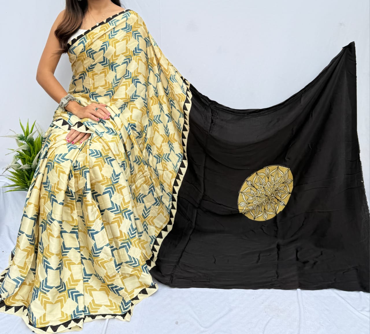 Ajrakh Modal saree (Yellow)