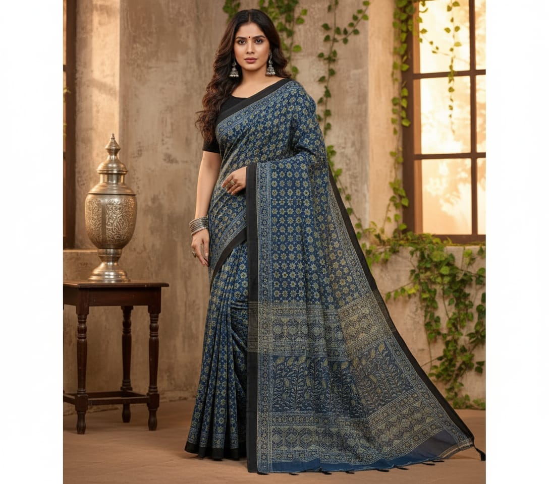 Ajrakh Cotton saree (Blue)