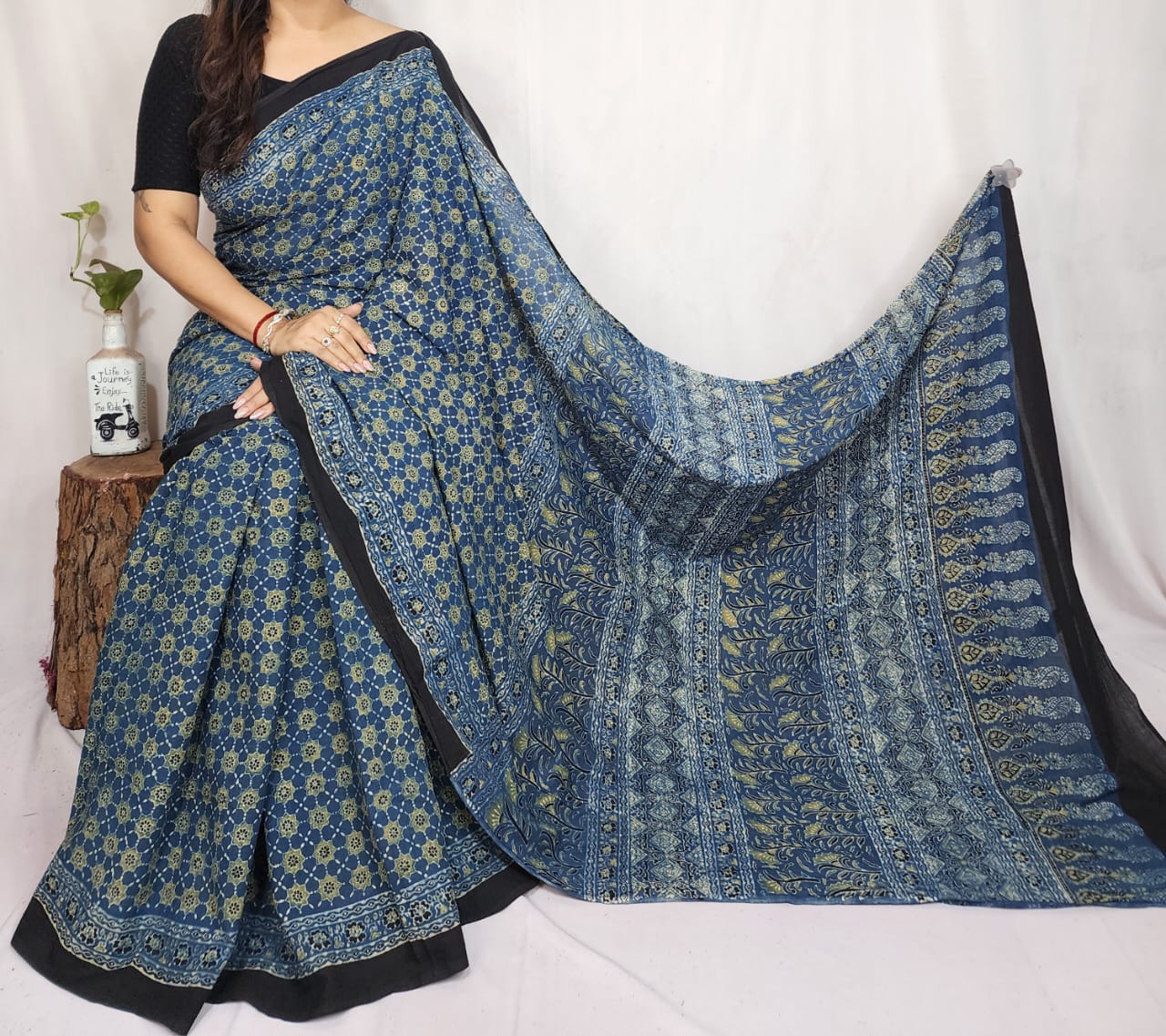 Ajrakh Cotton saree (Blue)