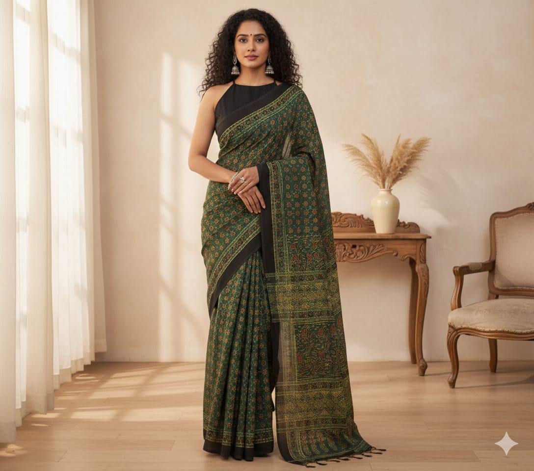 Ajrakh Cotton saree (Green)