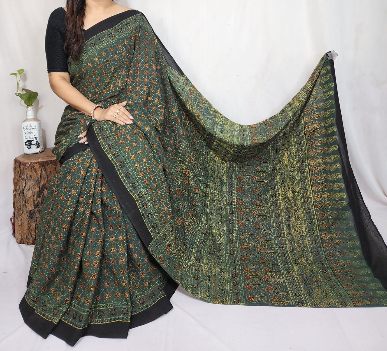 Ajrakh Cotton saree (Green)