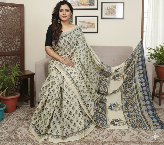 Ajrakh Cotton saree (White)