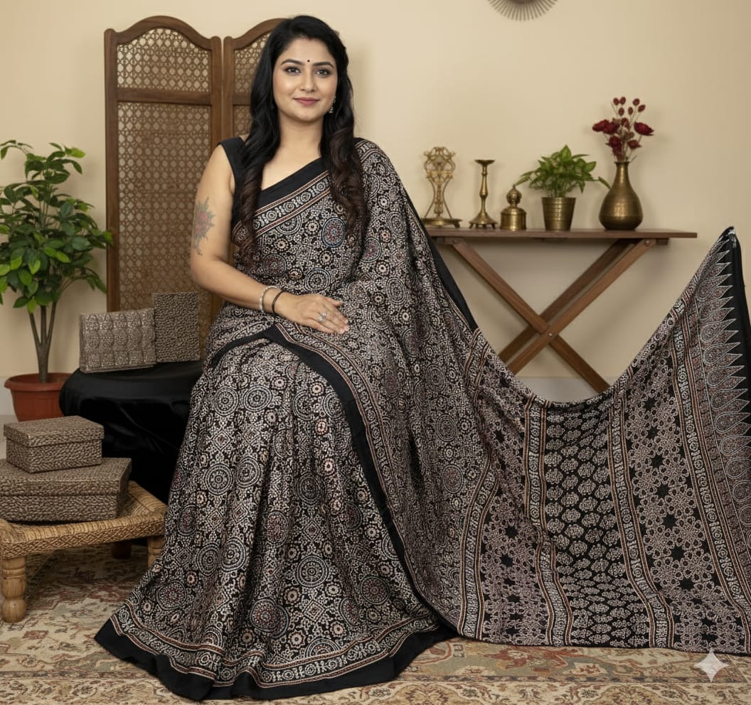Ajrakh Modal saree (Black)