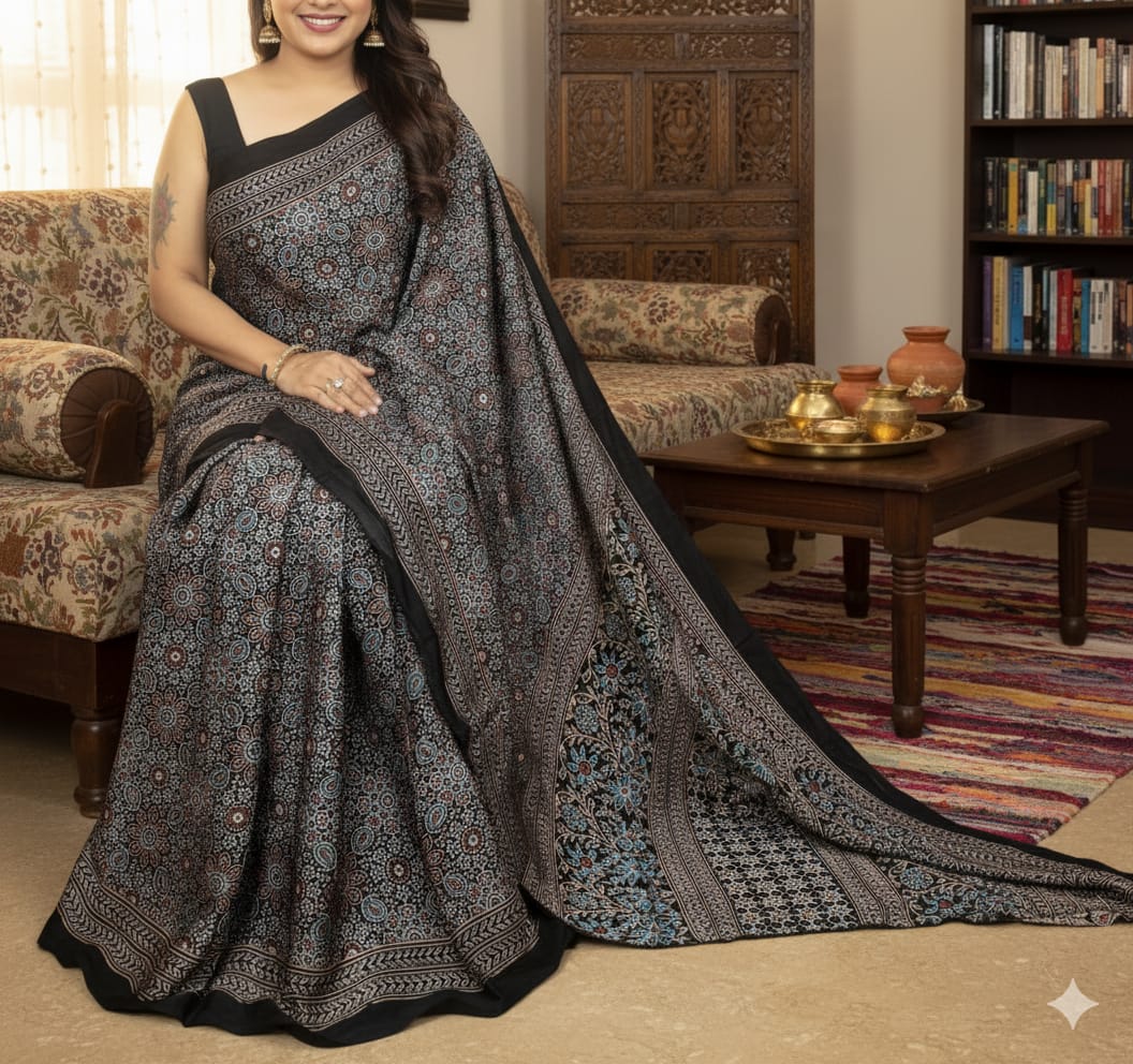 Ajrakh Modal saree (Black)