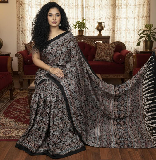 Ajrakh Modal saree (Black)