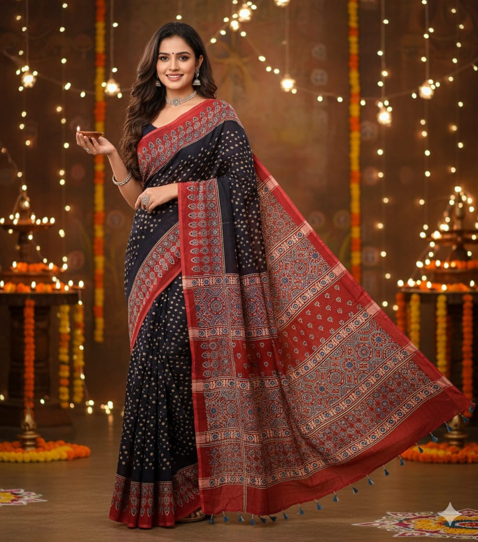 Bandhani Ajrakh saree (Black)