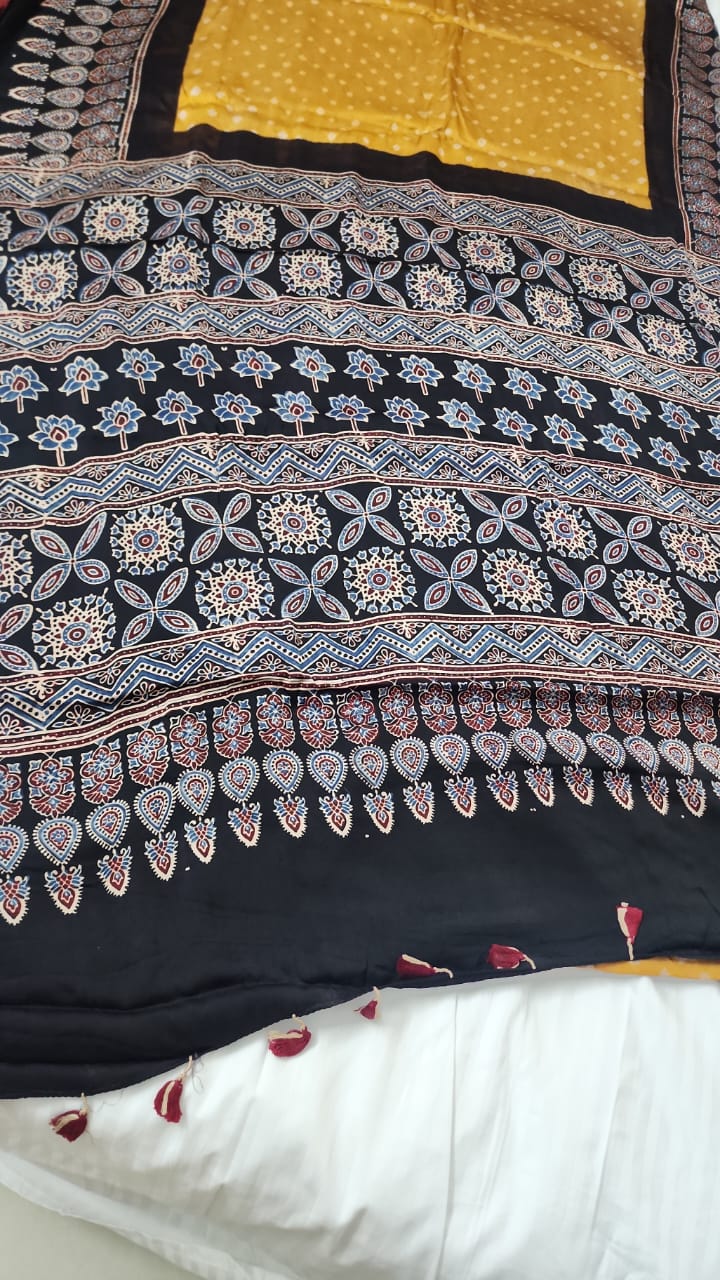 Bandhani Ajrakh saree (Yellow and Black)