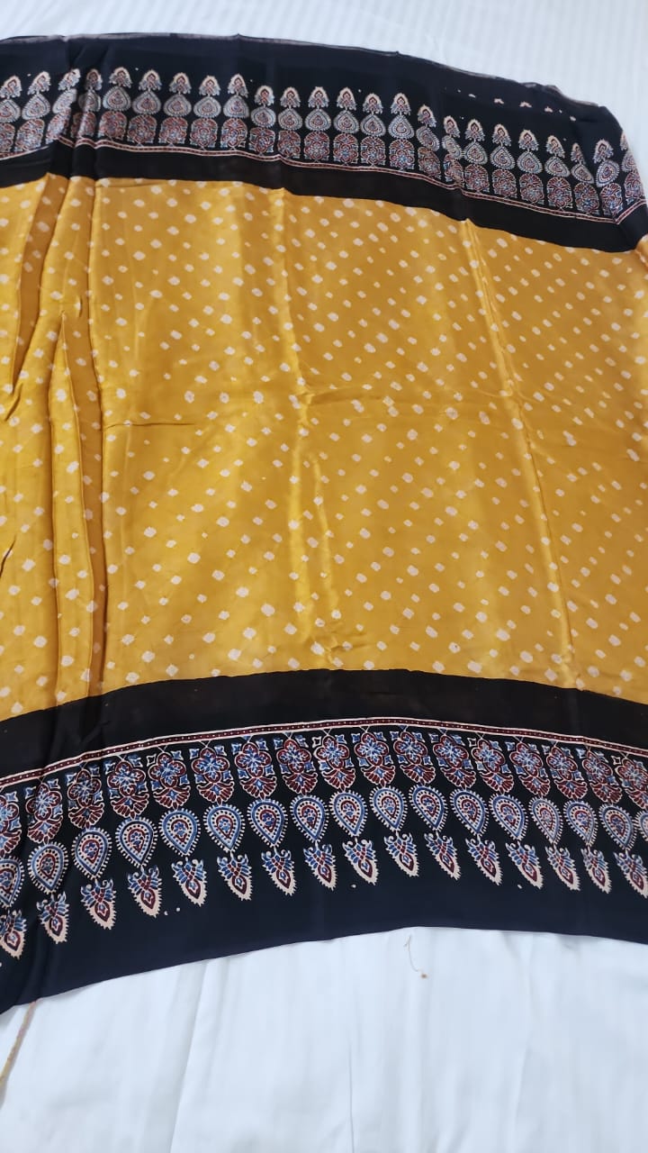 Bandhani Ajrakh saree (Yellow and Black)