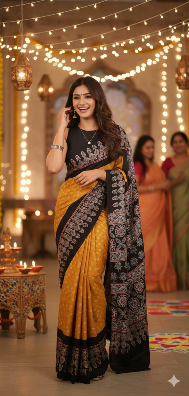 Bandhani Ajrakh saree (Yellow and Black)