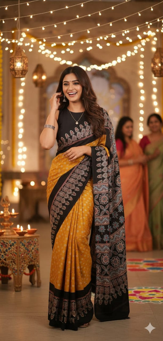 Bandhani Ajrakh saree (Yellow and Black)
