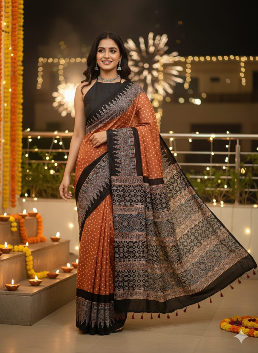 Bandhani Ajrakh saree (Light orange)