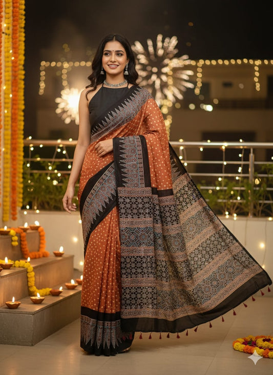 Bandhani Ajrakh saree (Light orange)