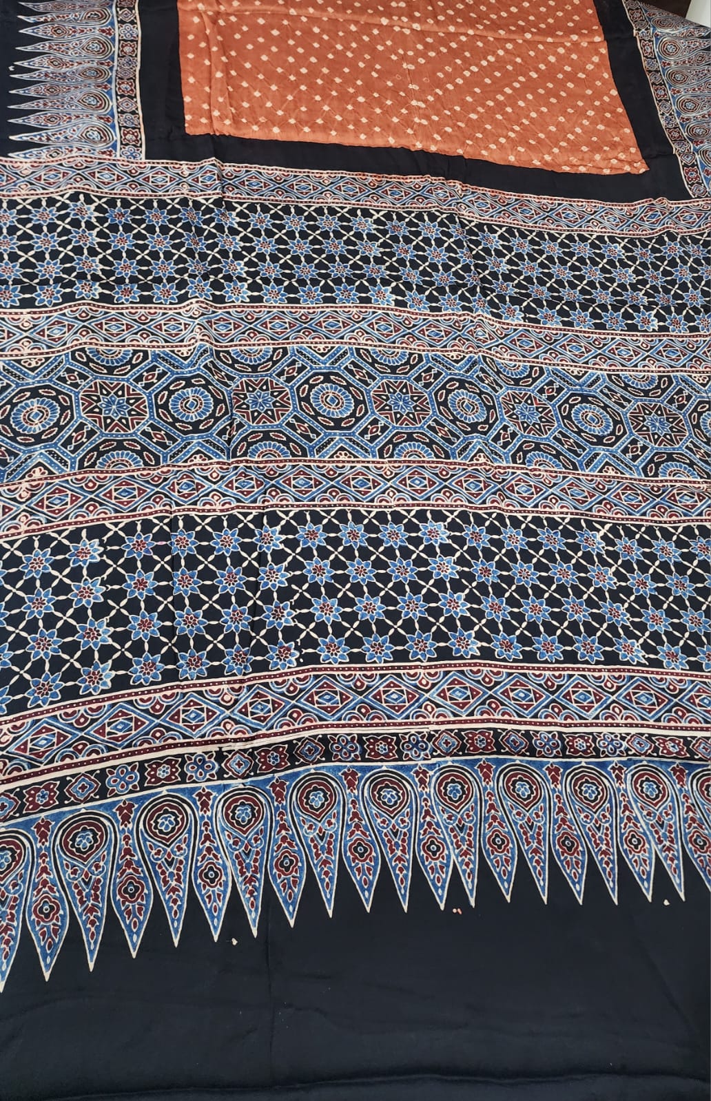 Bandhani Ajrakh saree (Light orange)