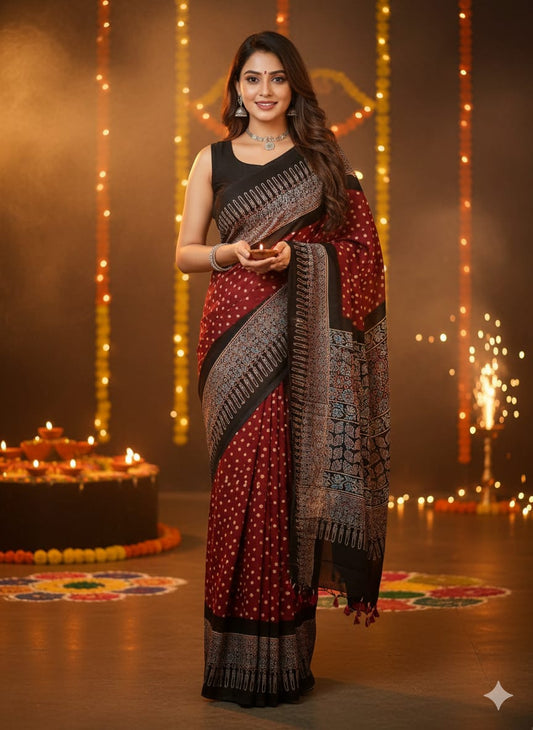 Bandhani Ajrakh saree (red)