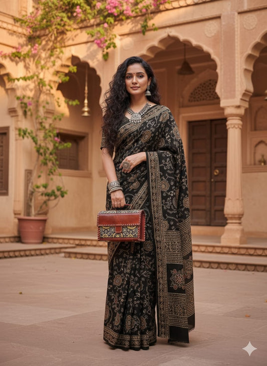 Ajrakh leather sling bag (Black)