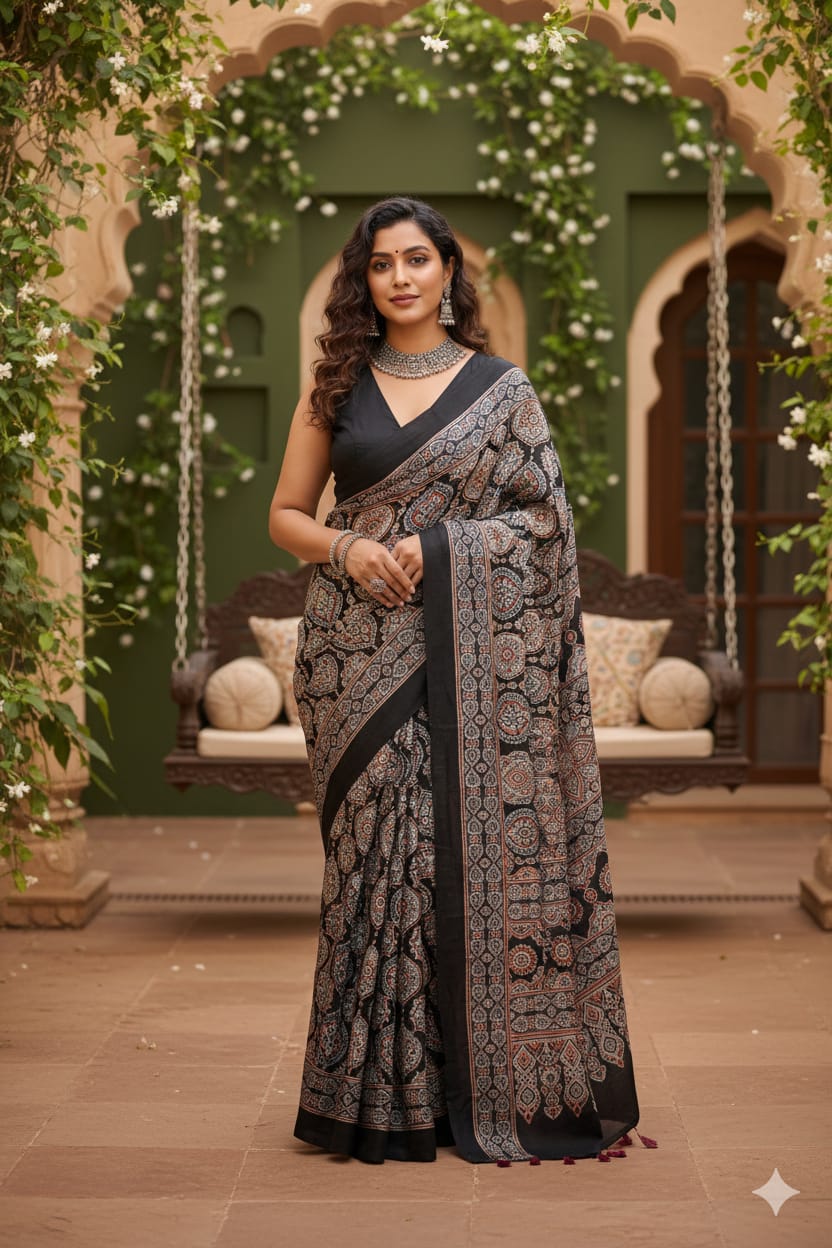 Ajrakh Modal saree (Black)