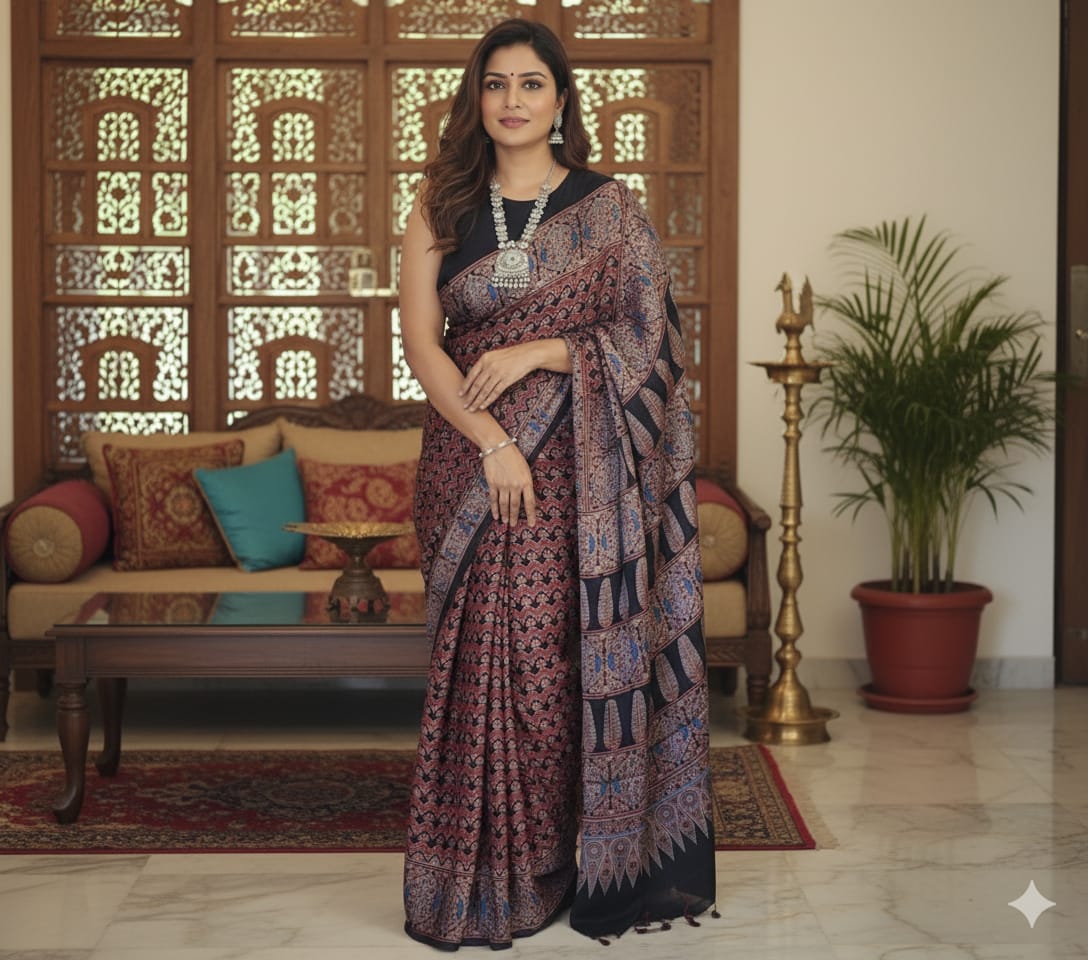 Ajrakh Modal saree (Red) (without blouse)