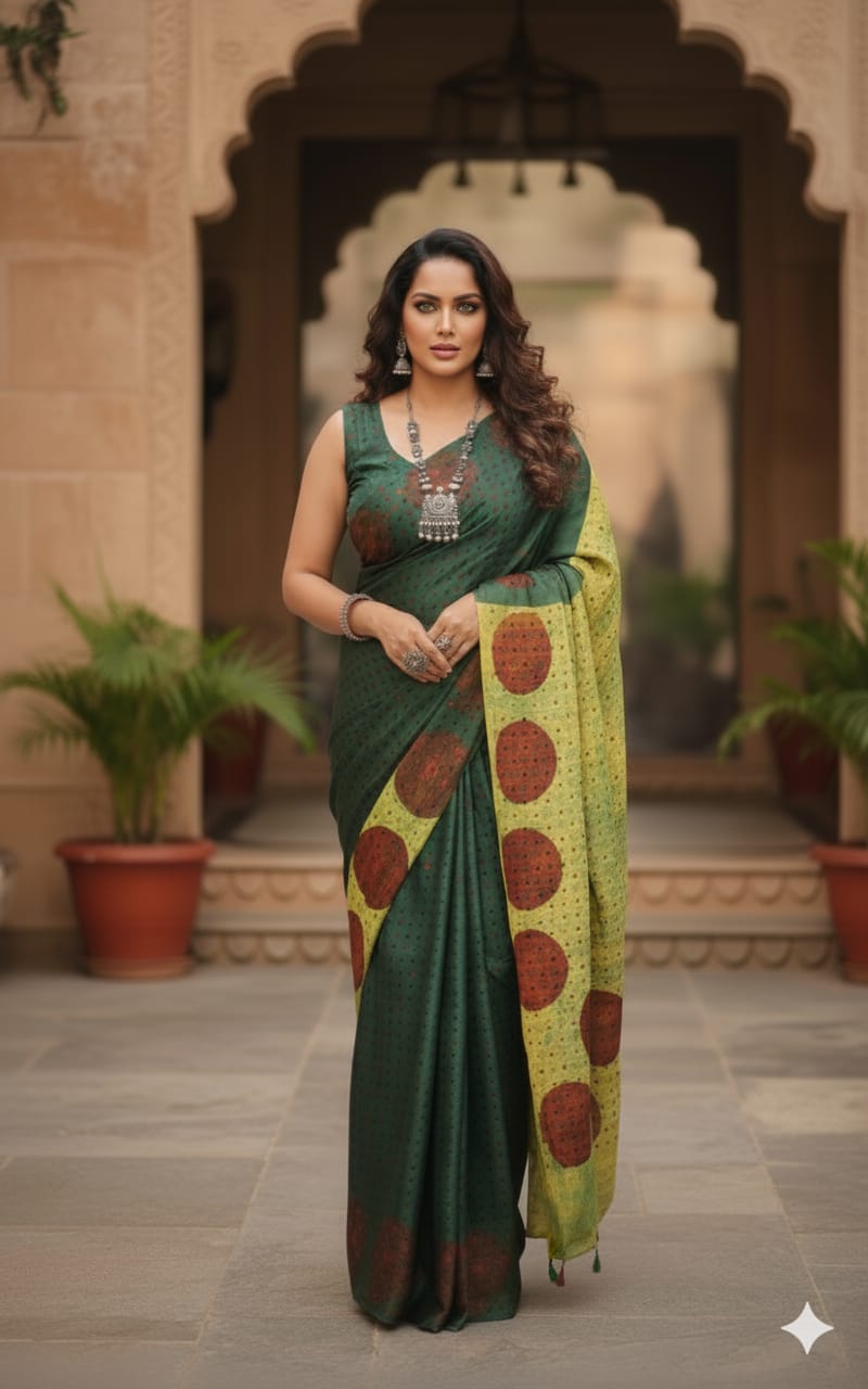Ajrakh Modal saree (Green)