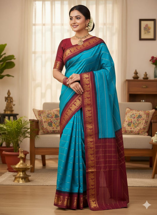 Madurai Sungudi saree (blue with red border) (without blouse)