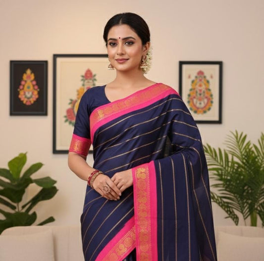 Madurai Sungudi saree (Navy blue with pink border) (without blouse)