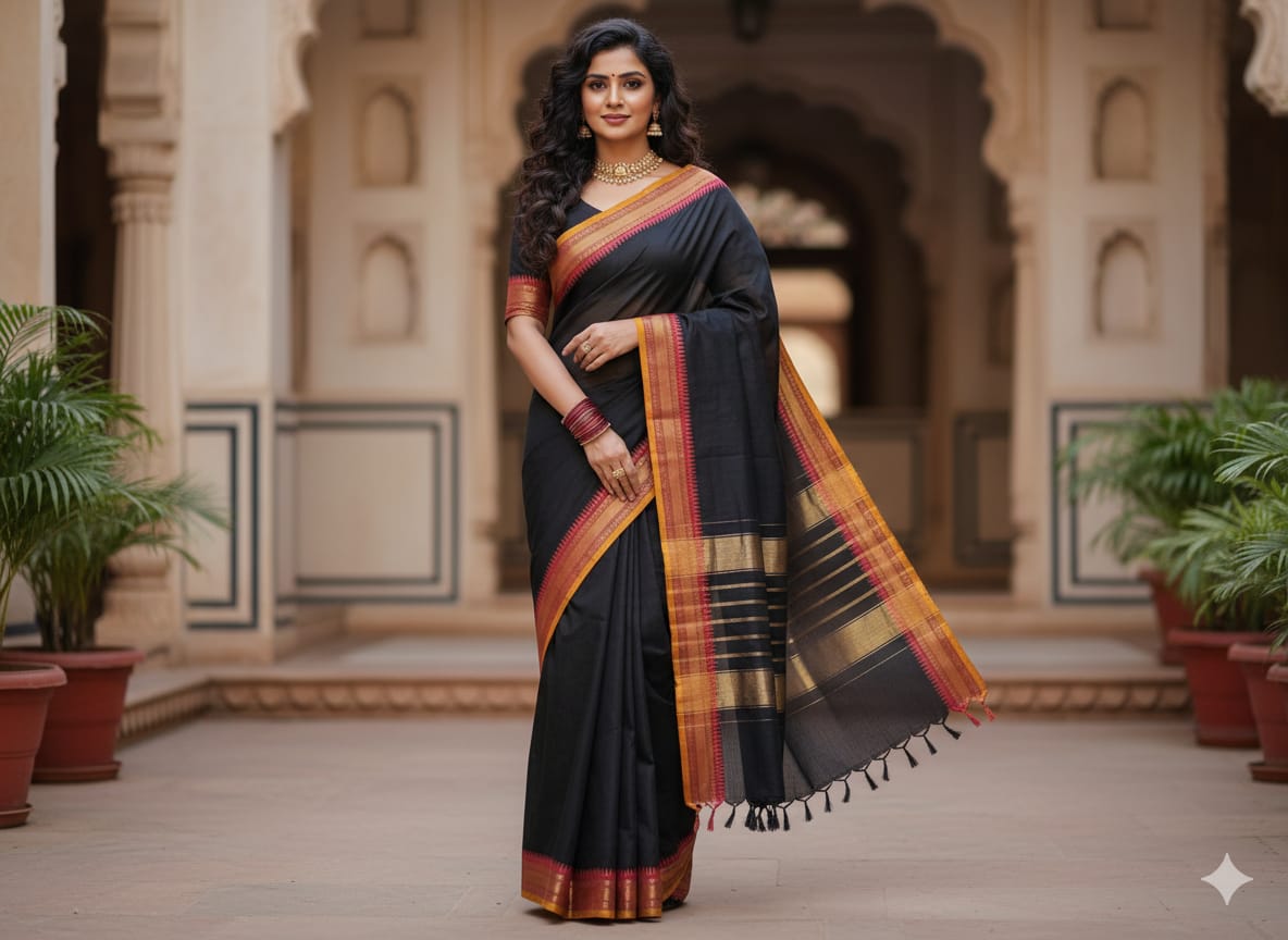 Madurai Sungudi saree (Black with red border)
