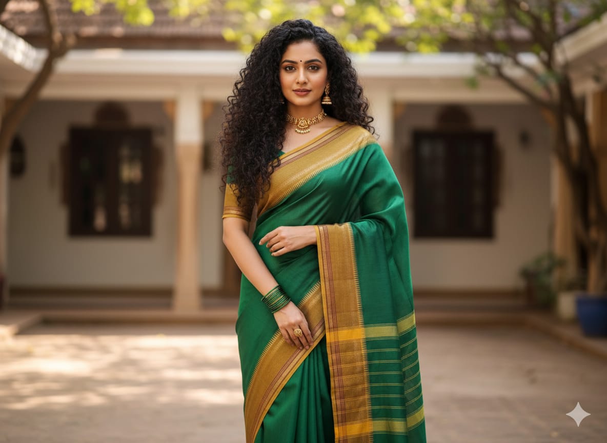 Madurai Sungudi saree (Green with mustard yellow border)