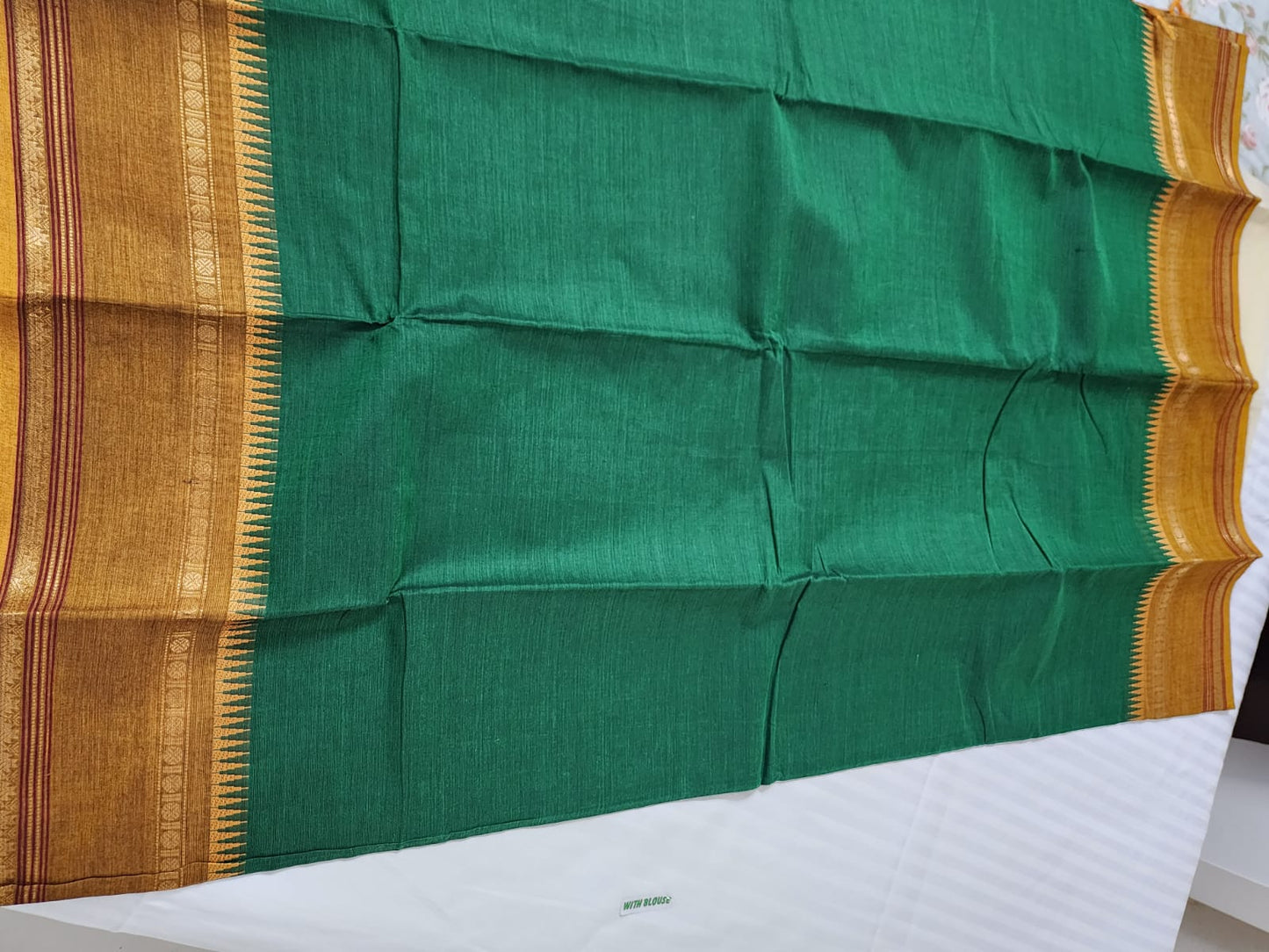 Madurai Sungudi saree (Green with mustard yellow border)