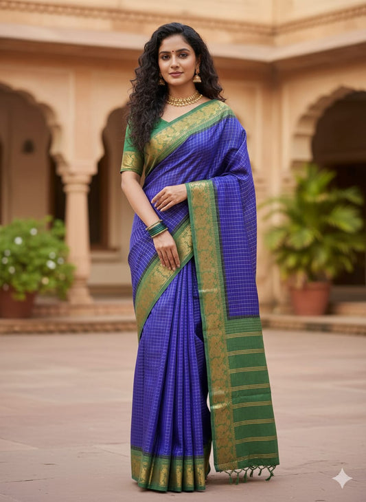 Madurai Sungudi saree (Blue checks with green border) (without blouse)