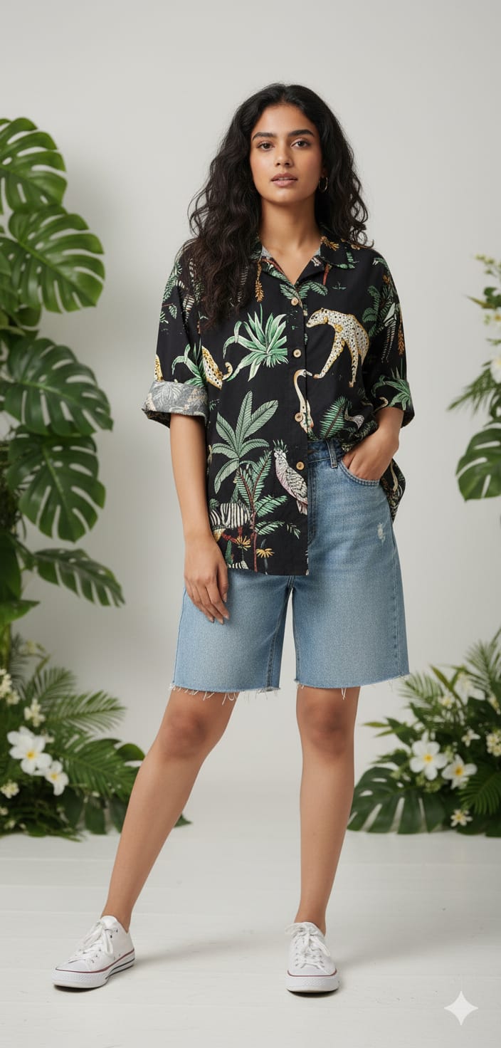 Ladies Shirt (Black) - Jungle print collection