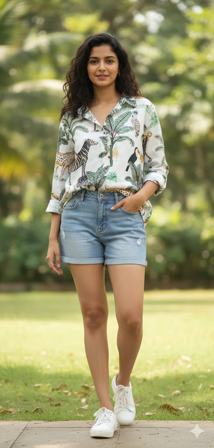 Ladies Shirt (White) - Jungle print collection