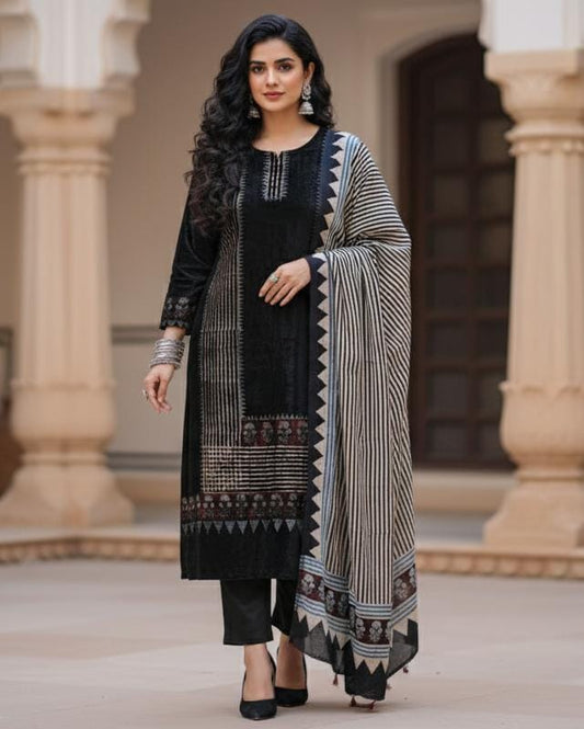 Velvet Ajrakh Modal suit (black) (top fabric + dupatta)